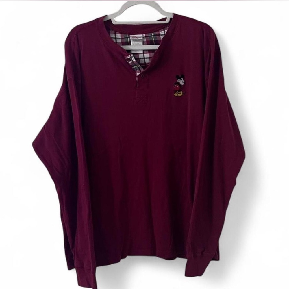 Disney Mickey Mouse Burgundy Flannel Lined Henley Shirt XL Cotton - Picture 1 of 4